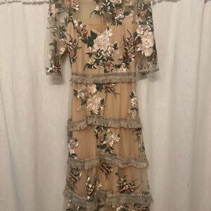 Just Me Tan and Green Floral Midi Dress